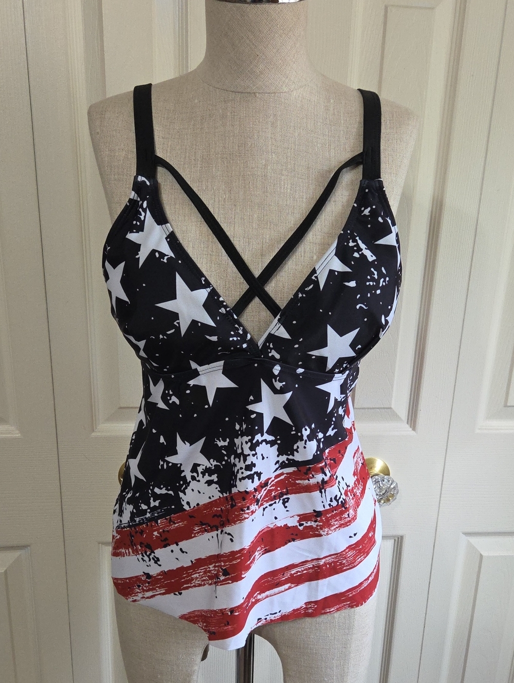 Source Unknown Black White and Red Stars & Stripes Women’s Swim Tankini Top